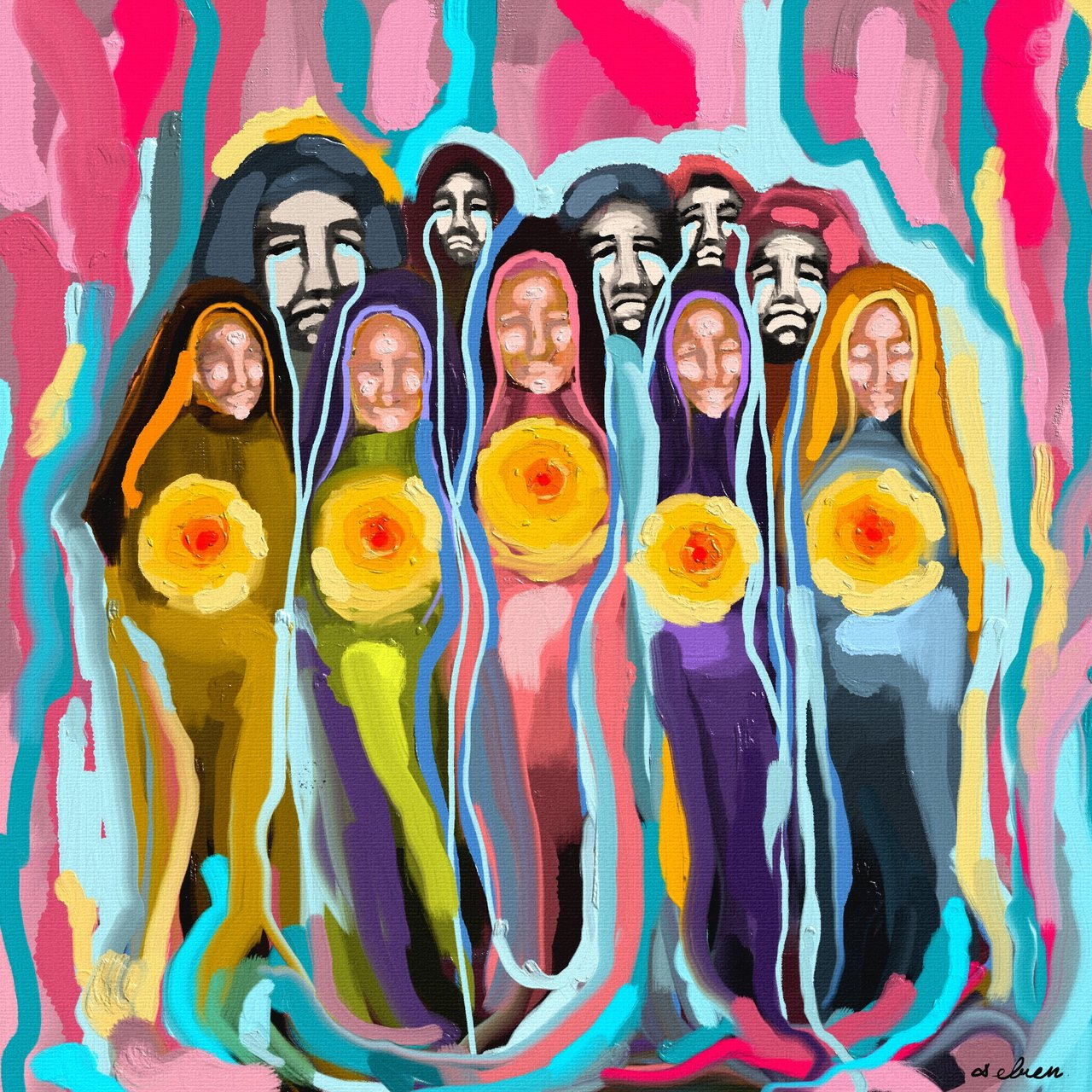 An illustration of ten virgins holding lamps in the night, inspired by the parable in Matthew 25 about waiting for Jesus with oil in our lamps.