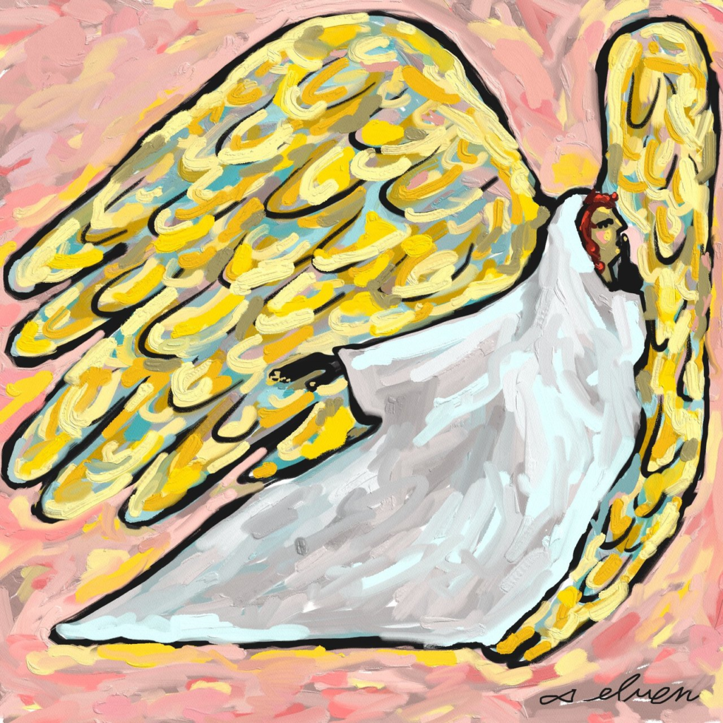 Colorful painting of a robed angel with large golden wings on a pink sky background, symbolizing God’s protective presence and gentle peace.