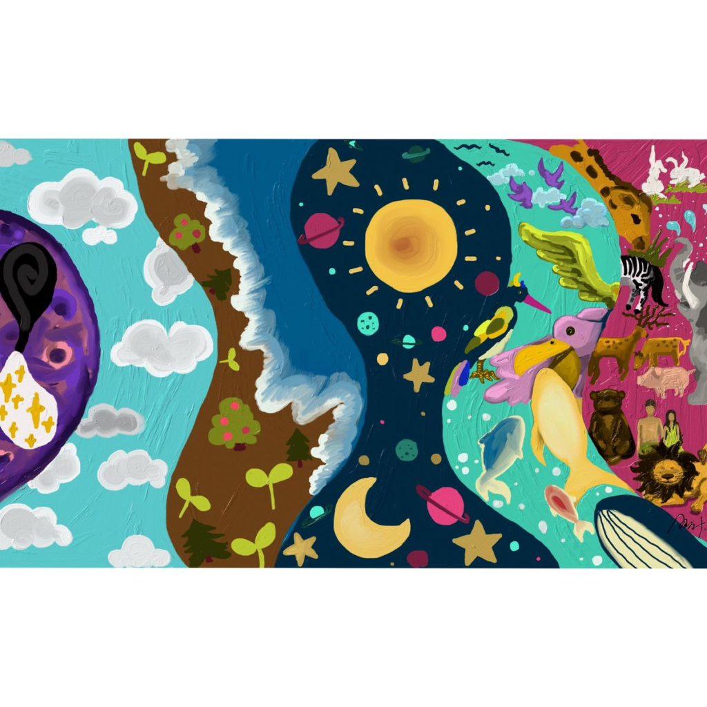 Colorful children’s illustration of God’s six-day creation story, showing sun, moon, stars, sea, land and many animals to visually teach the Bible creation narrative.