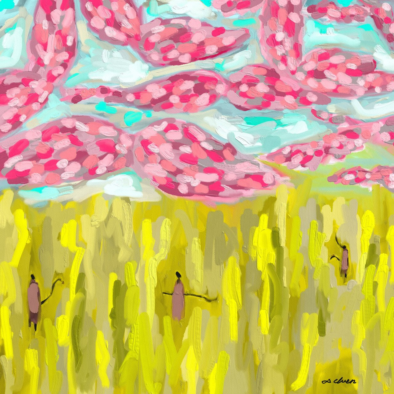 An illustration of a wide golden harvest field with small workers walking through the crops, inspired by Jesus’ words about many crops but few laborers.