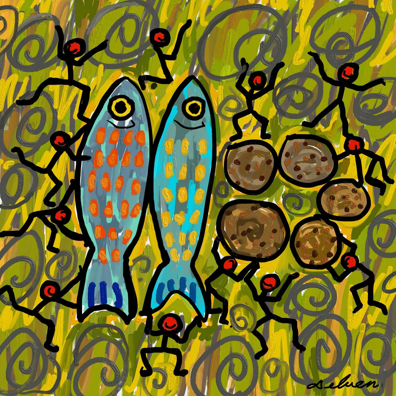 An illustration of five barley loaves and two fish on a simple table, symbolizing Jesus feeding the five thousand with a child's small offering.