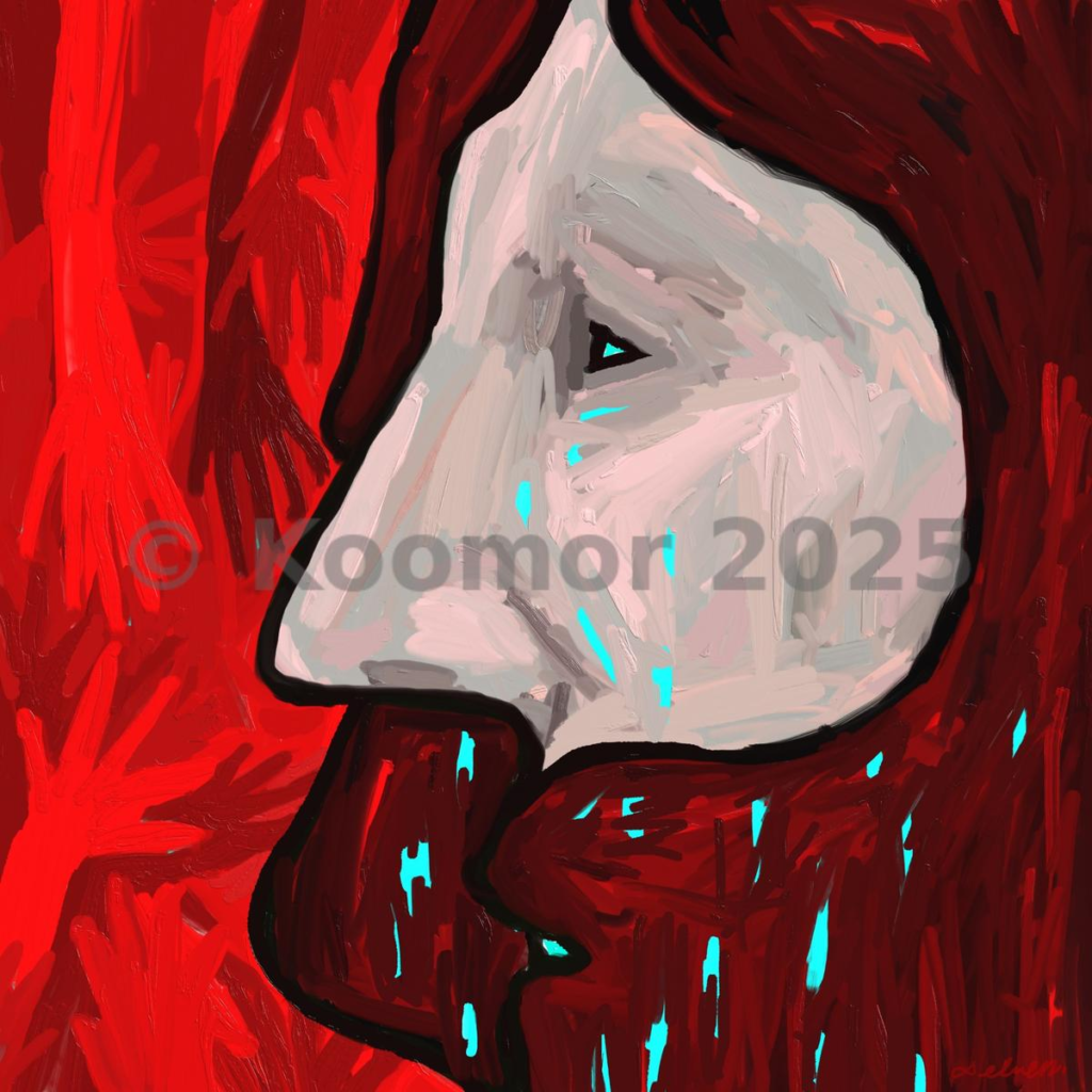 A symbolic painting of a grieving figure calling “Whom shall I send,” inspired by Isaiah 6:8, with bold red tones and quiet blue tears.