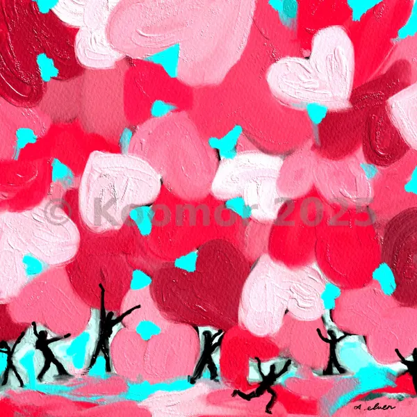 Abstract Bible art of a bright red cross formed from mosaic blocks, surrounded by flowing blue and white raindrops symbolizing God’s love and mercy falling like rain.