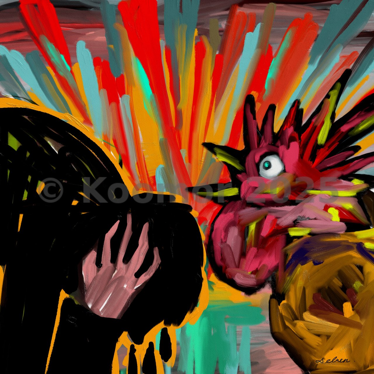 A vivid painting of Peter weeping in shadow as a rooster cries out, with explosive colors symbolizing remorse, awakening, and the moment he remembered Jesus’ prophecy.