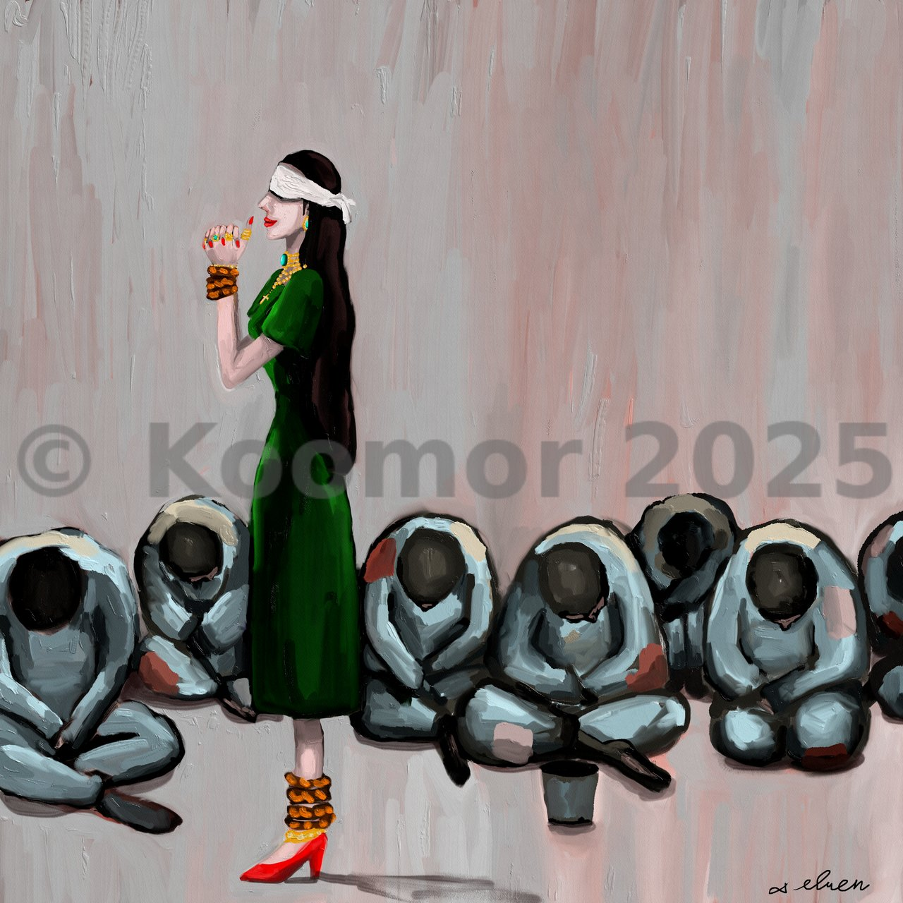 A blindfolded woman with bound wrists smiling while suffering figures sit around her, a Christian artwork inspired by Amos 5:21–24 about empty worship and justice.