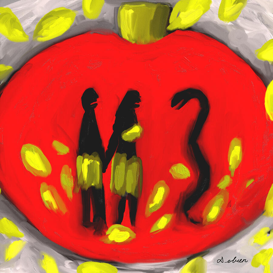 A symbolic painting of Adam and Eve holding hands inside a bright red fruit, with a serpent approaching and yellow leaves scattered around the scene.