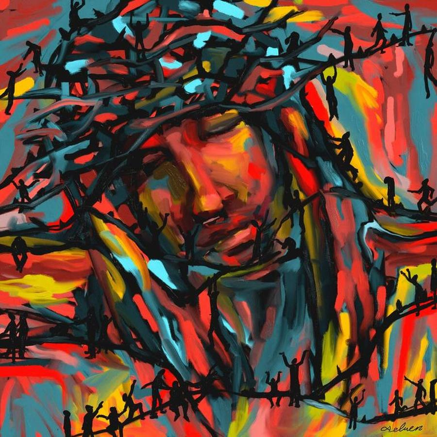 An expressive painting of Jesus wearing a crown of thorns, surrounded by small silhouetted figures, with vivid red and yellow tones symbolizing suffering and hope.