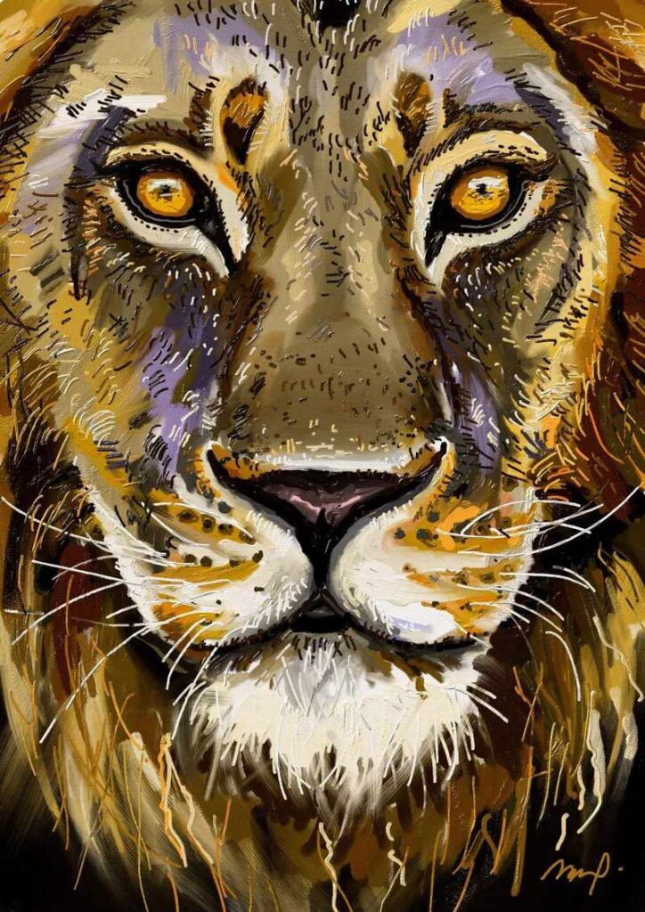 A powerful close-up painting of a lion’s face, symbolizing Jesus as the Lion of Judah, with intense golden eyes and bold textured strokes.