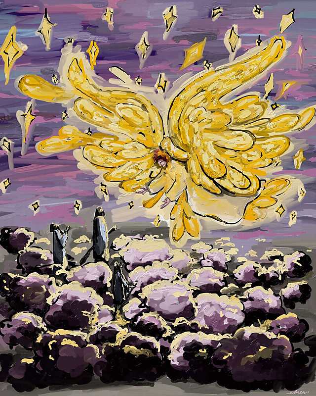 A devotional illustration of shepherds in the night field as an angel appears and the glory of the Lord shines around them (Luke 2:8–11).