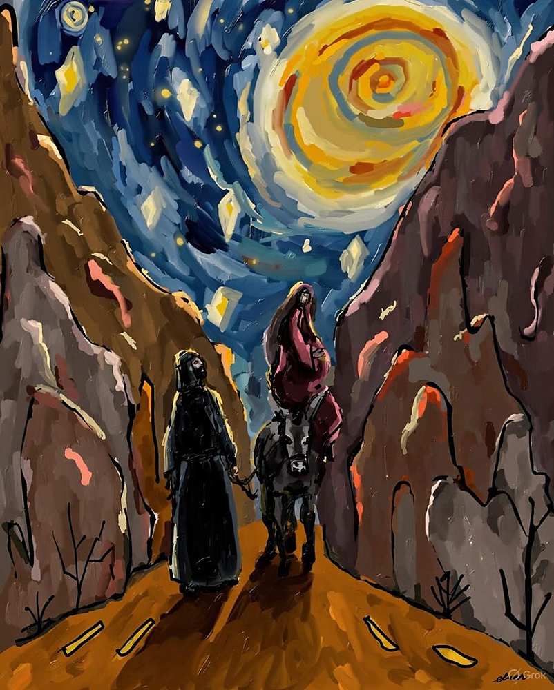 A devotional illustration of Mary and Joseph traveling from Nazareth to Bethlehem, inspired by Luke 2:3–5.