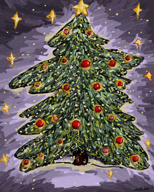 A devotional illustration of a Christmas tree glowing in the night, reflecting on Jesus as the true light in John 1:5, 9–12.