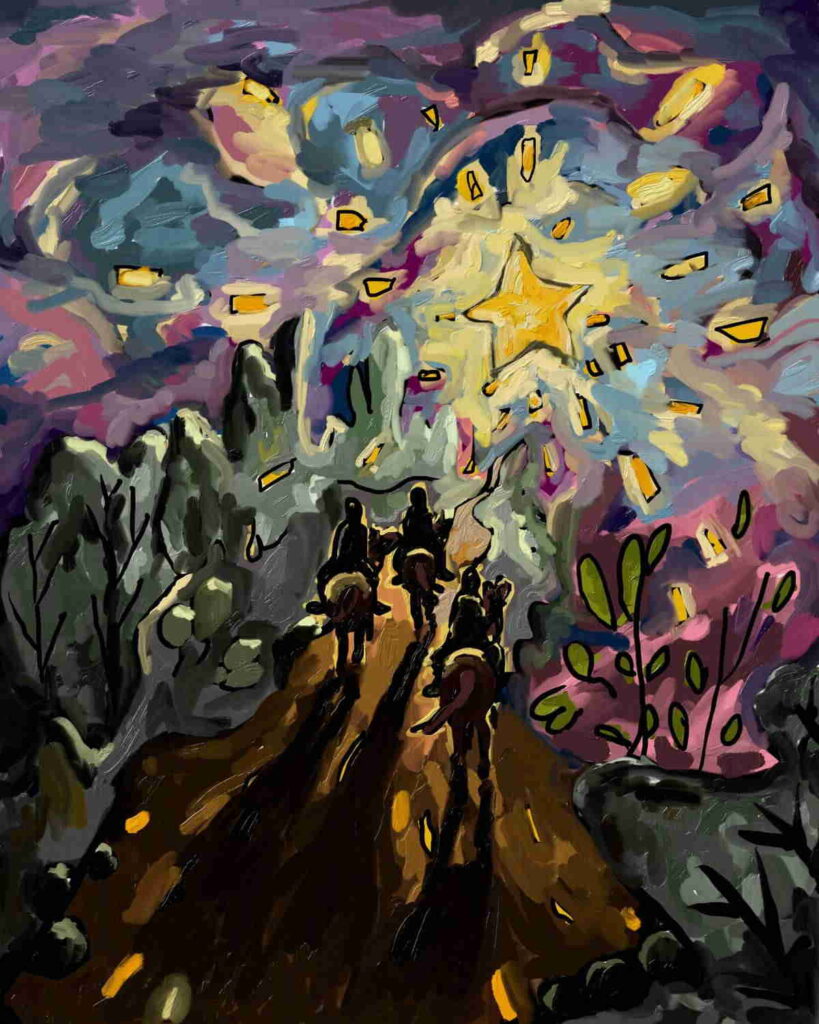 Wise men walk along a desert path beneath a bright star, with swirling purple clouds and drifting golden light fragments.