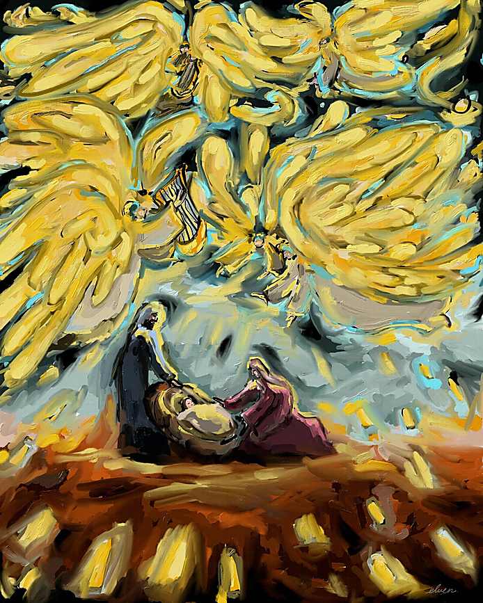Mary and Joseph kneel beside baby Jesus in a manger as golden-winged angels fill the night sky with radiant light.