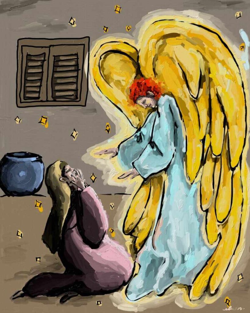 An angel with golden wings speaks to kneeling Mary, glowing in a simple room with a shuttered window and scattered stars.